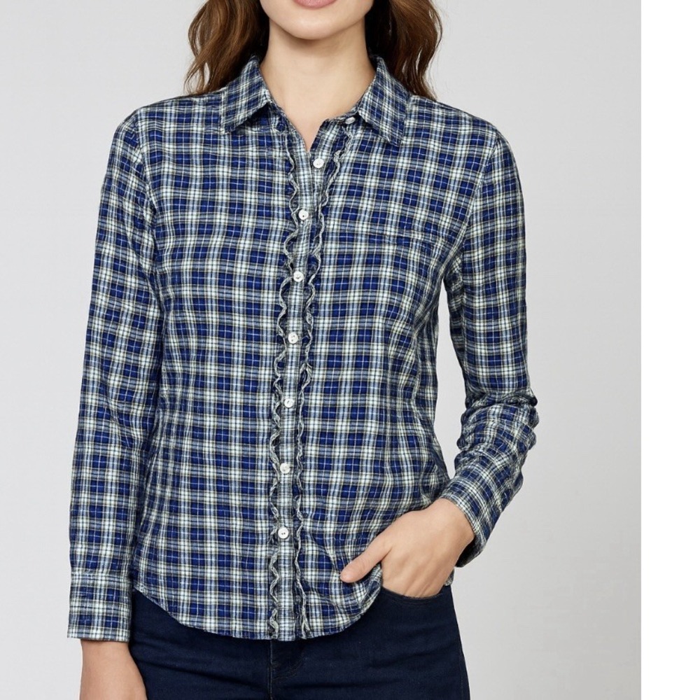 LL Bean Blue Plaid Ruffle‎ Front Long Sleeve Button Up Shirt Size MEDIUM